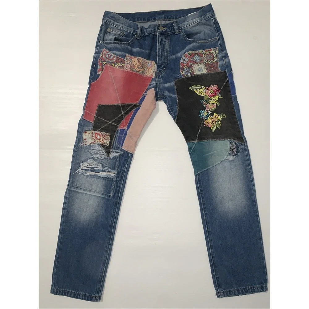 MNML Patchwork Jeans Mens 34x31 Embroidered Distressed Unisex Streetwear